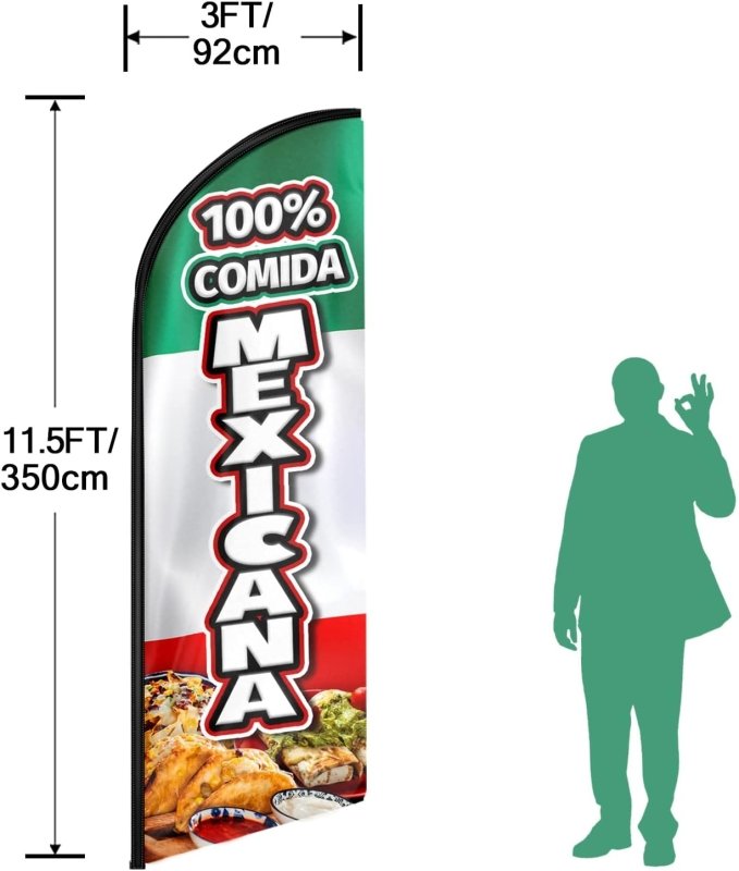 11FT 100% Comida Mexicana Advertising Swooper Flag Fit 15FT Flagpole(Flagpole Not Included 4.3)