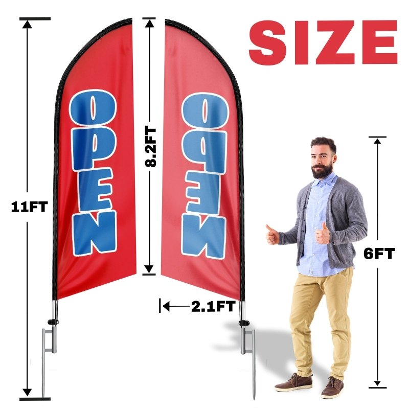 11FT Polyester Open Red Flag with Aluminium Alloy Flag Pole Kit, Ground Stake(3.3m)