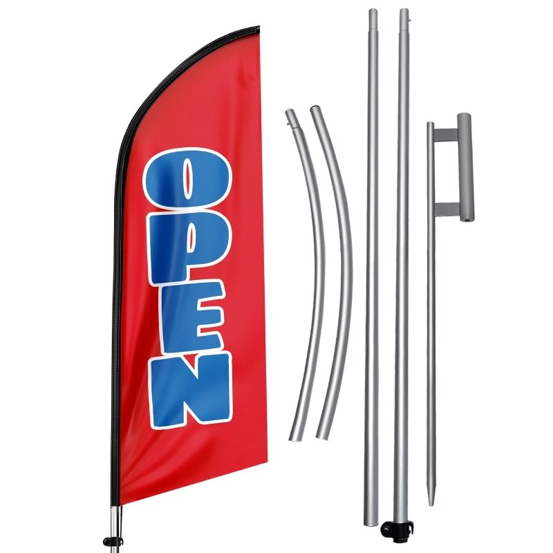 11FT Polyester Open Red Flag with Aluminium Alloy Flag Pole Kit, Ground Stake(3.3m)