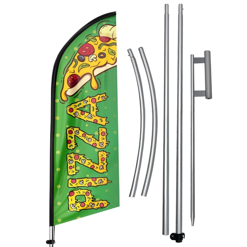 11FT Windless Pizza Sign Flag with Aluminum Alloy Flagpole/Stainless Steel Ground Stake(3.3m)