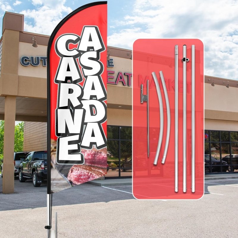 15FT Carne Asada Sign with Aluminum Alloy Flagpole and Stainless Steel Ground Stak