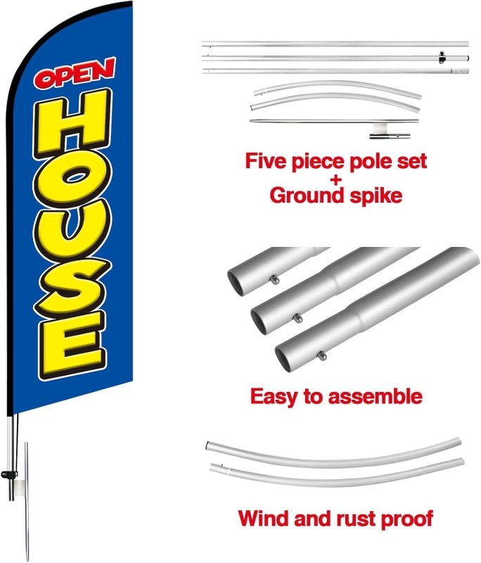 15FT Open House Signs Advertising Feather Flag with Pole and Heavy - Duty Ground Spike(4.3m)