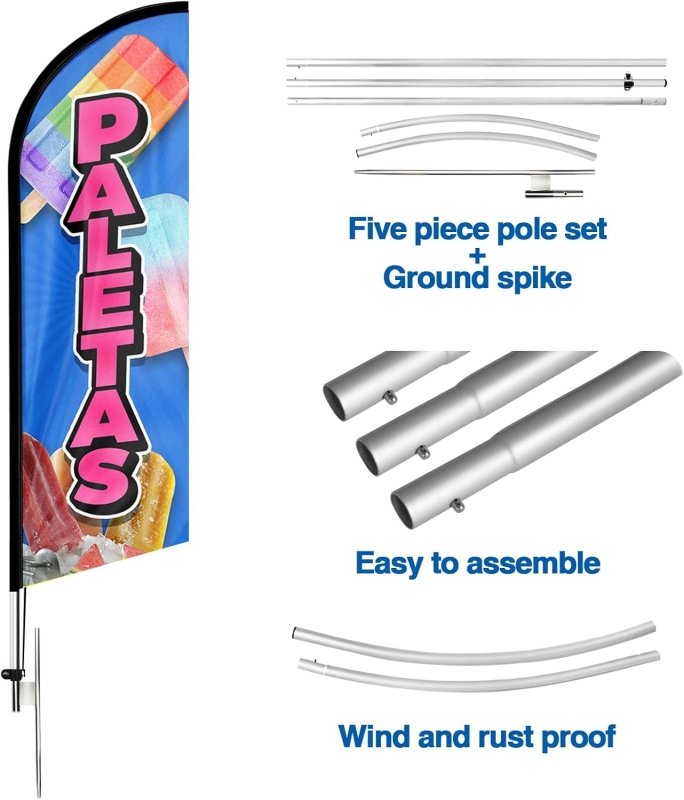 15FT Paletas Sign with Aluminum Alloy Flagpole and Stainless Steel Ground Stak