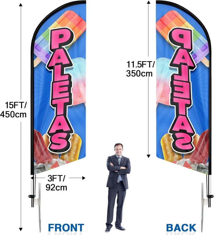 15FT Paletas Sign with Aluminum Alloy Flagpole and Stainless Steel Ground Stak