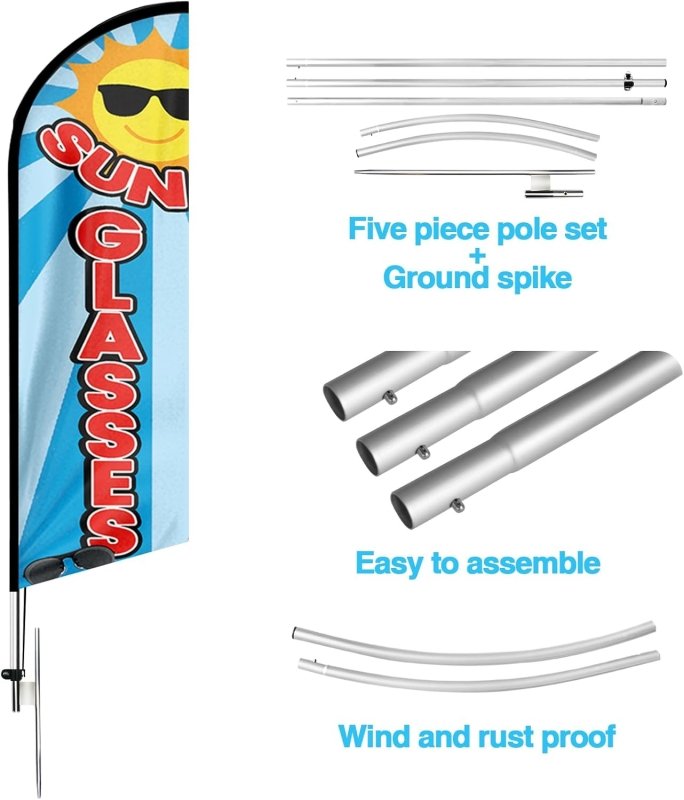 15FT Sunglasses Sign with Aluminum Alloy Flagpole and Stainless Steel Ground Stak(4.3m)