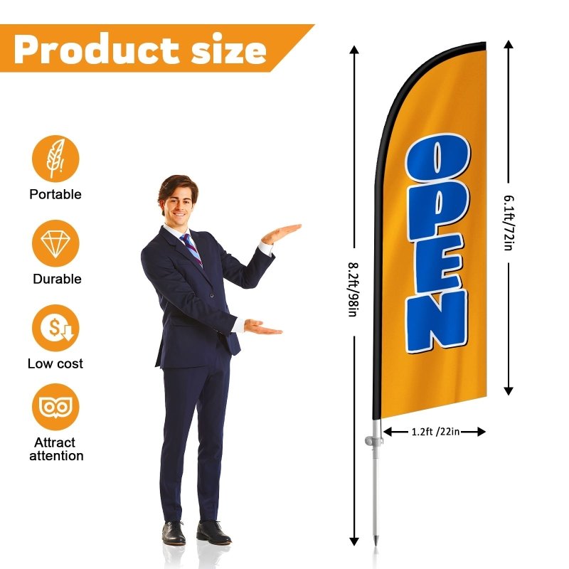 7FT Open orange&blue Banner Feather Flag with Carbon Fiber Pole Kit(2m flag set)