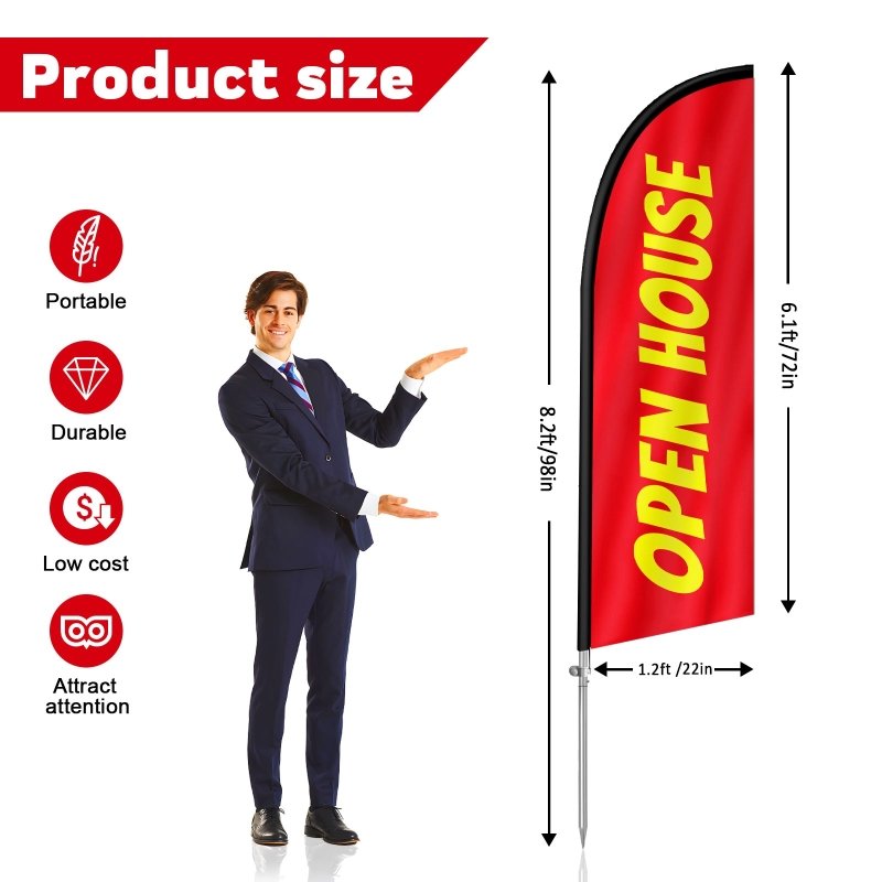 8 FT Open House Red & Yellow Banner Feather Flag with Stainless Steel Pole Kit/Ground Stake(2m flag set)