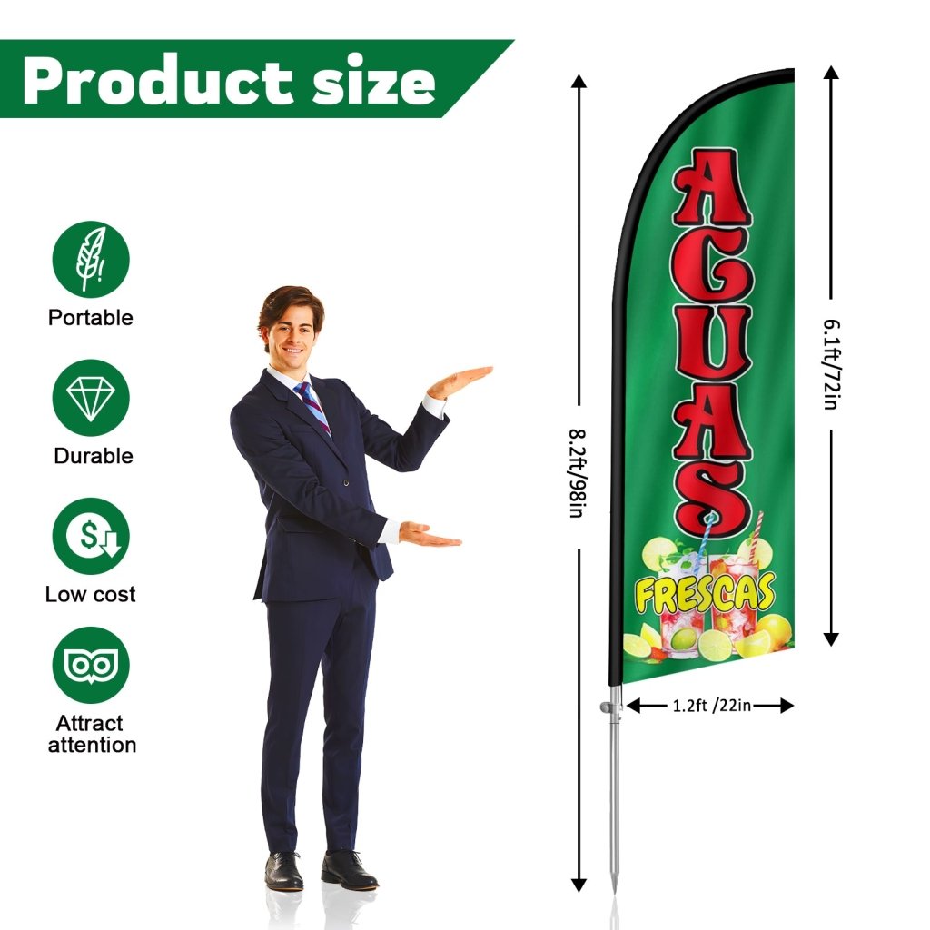 8FT Aguas Frescas Sign Feather Flag with Stainless Steel Pole Kit(2m flag set)