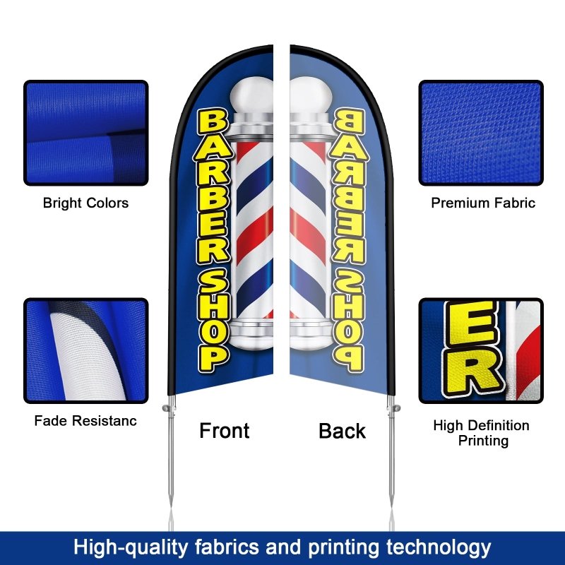 8FT Barber Shop Blue Banner Feather Flag with Stainless Steel Pole Kit(2m flag set)