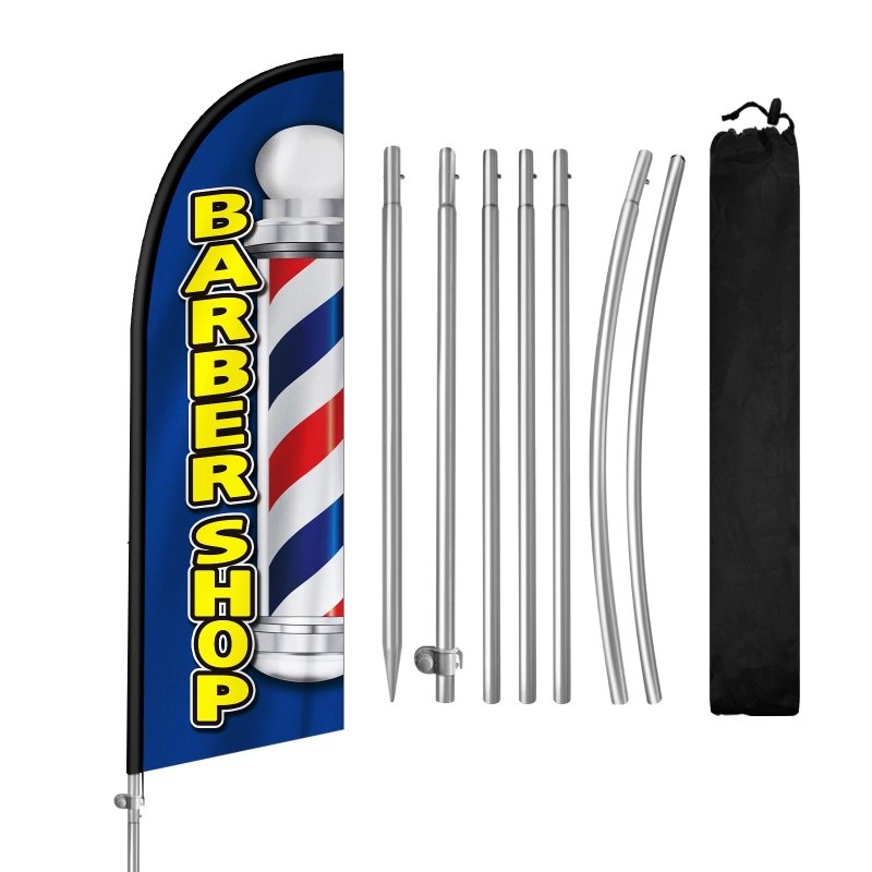 8FT Barber Shop Blue Banner Feather Flag with Stainless Steel Pole Kit(2m flag set)