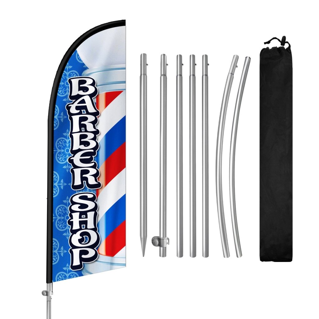 8FT Barber Shop Blue&White Feather Flag with Stainless Steel Pole Kit(2m flag set)