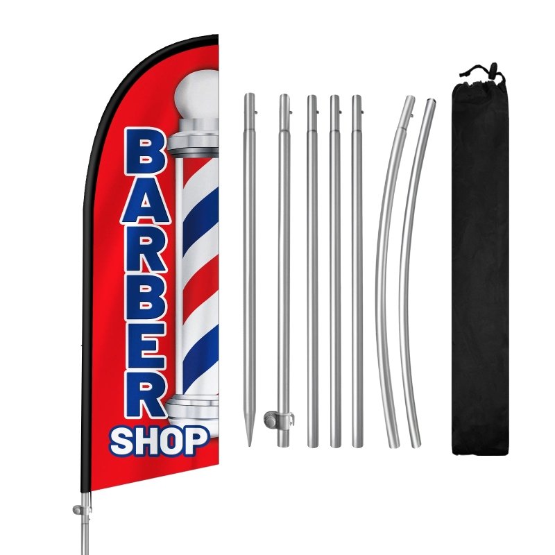 8FT Barber Shop Red Banner Feather Flag with Stainless Steel Pole Kit(2m flag set)