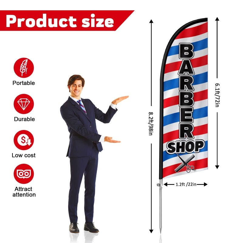 8FT Barbershop Banner Feather Flag with Stainless Steel Pole Kit(2m flag set)