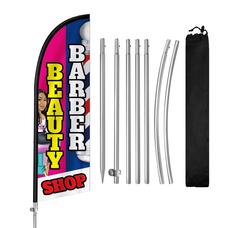 8FT Beauty Barber Shop Feather Flag with Stainless Steel Pole Kit(2m flag set)