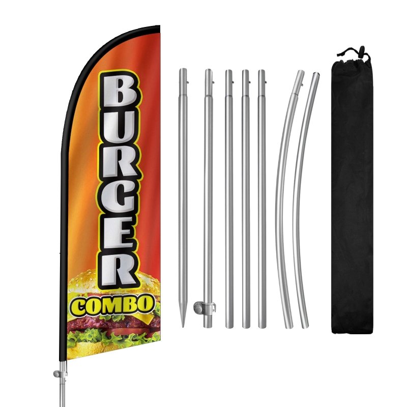 8FT Burger Combo Sign - Feather Flag with Stainless Steel Pole Kit/Ground Stake(2m flag set）