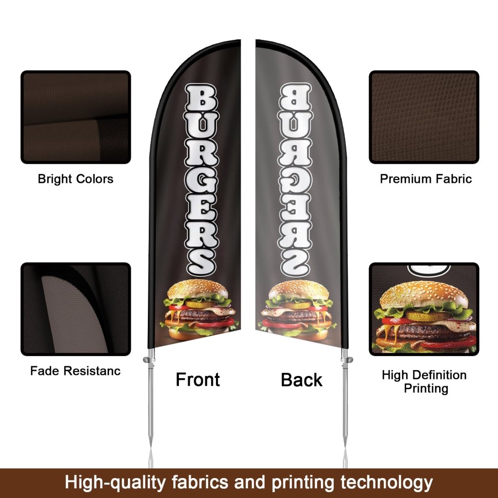 8FT Burgers Sign Black Feather Flag with Stainless Steel Pole Kit/Ground Stake(2m flag set）