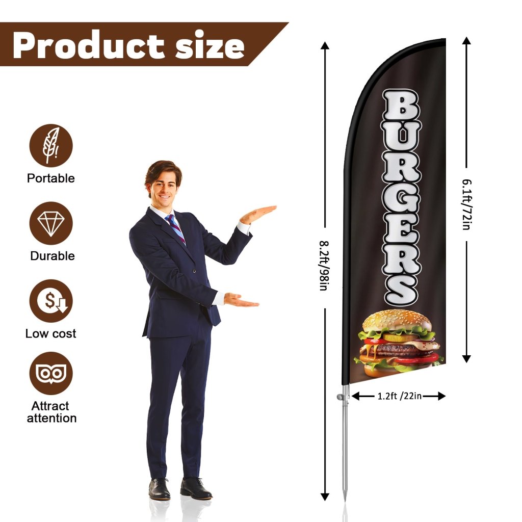 8FT Burgers Sign Black Feather Flag with Stainless Steel Pole Kit/Ground Stake(2m flag set）