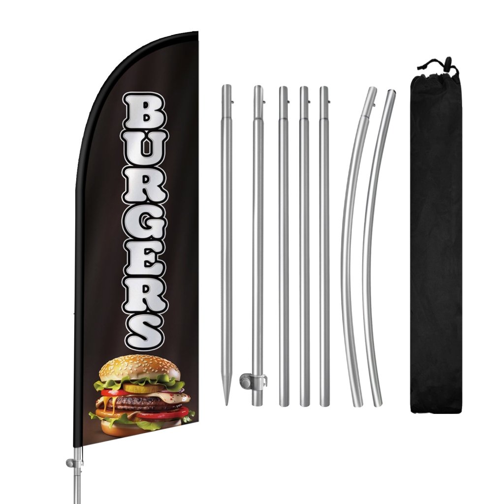 8FT Burgers Sign Black Feather Flag with Stainless Steel Pole Kit/Ground Stake(2m flag set）