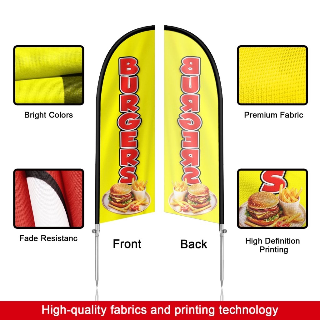 8FT Burgers Sign Yellow Feather Flag with Stainless Steel Pole Kit/Ground Stake(2m flag set）