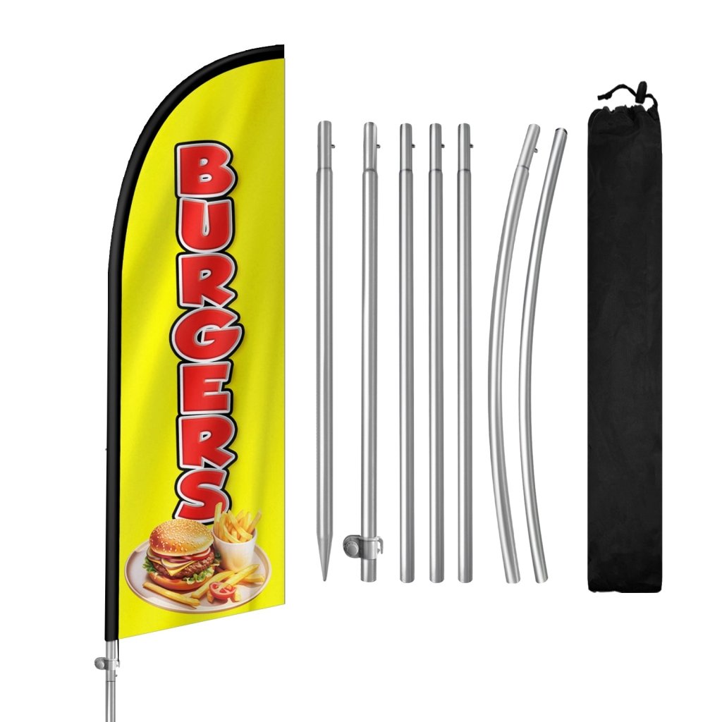 8FT Burgers Sign Yellow Feather Flag with Stainless Steel Pole Kit/Ground Stake(2m flag set）