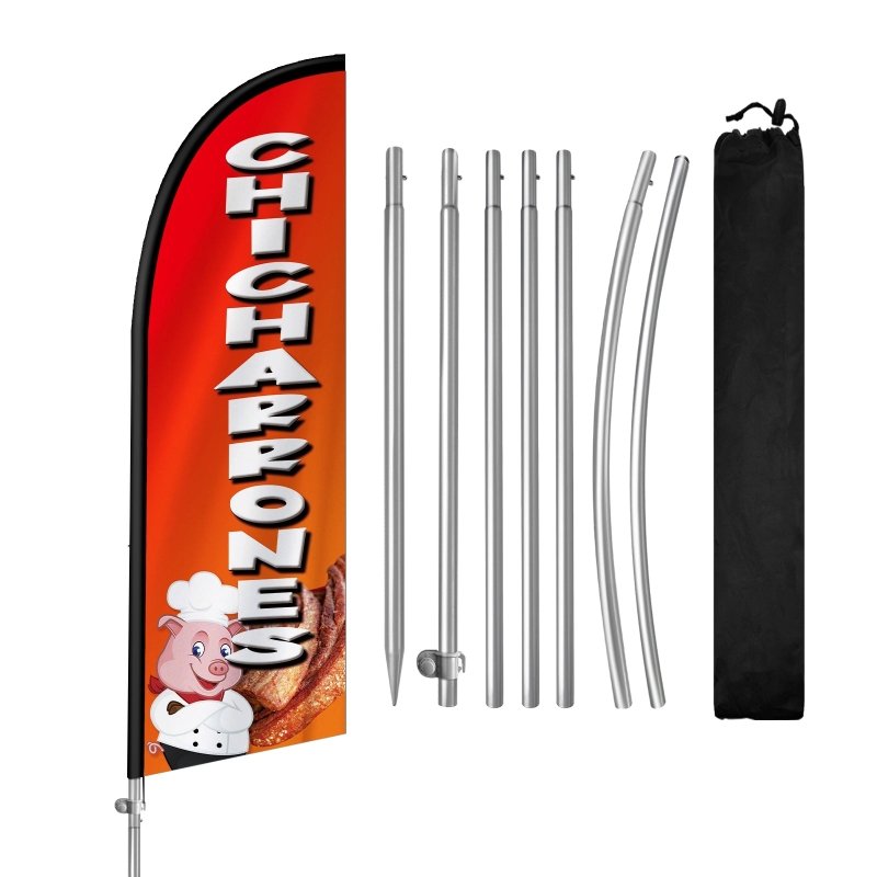 8FT Chicharrones Banner Feather Flag with Stainless Steel Pole Kit/Ground Stake(2m flag set）