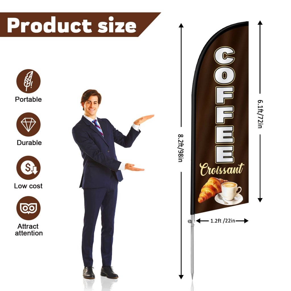 8FT Coffee & Croissant Feather Flag with Stainless Steel Pole Kit(2m flag set)