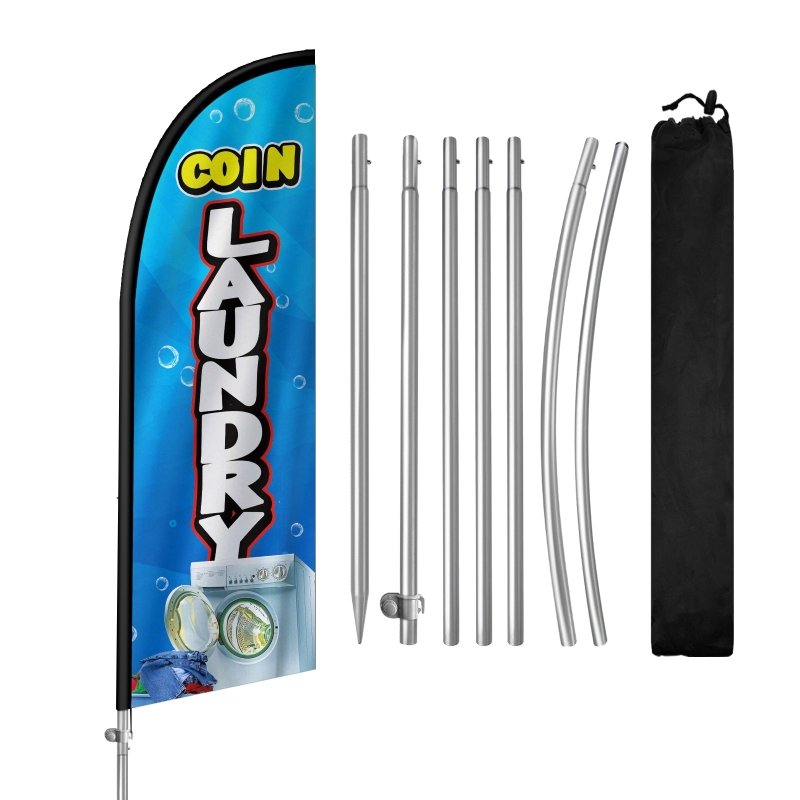 8FT Coin Laundry Banner Feather Flag with Stainless Steel Pole Kit(2m flag set)