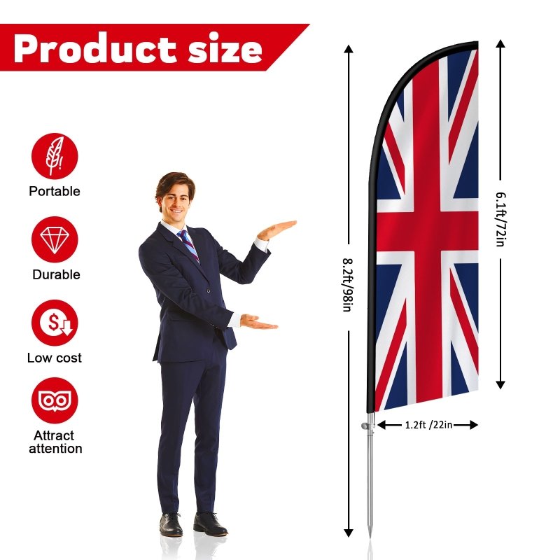 8FT England Feather Flag with Stainless Steel Pole Kit(2m flag set)