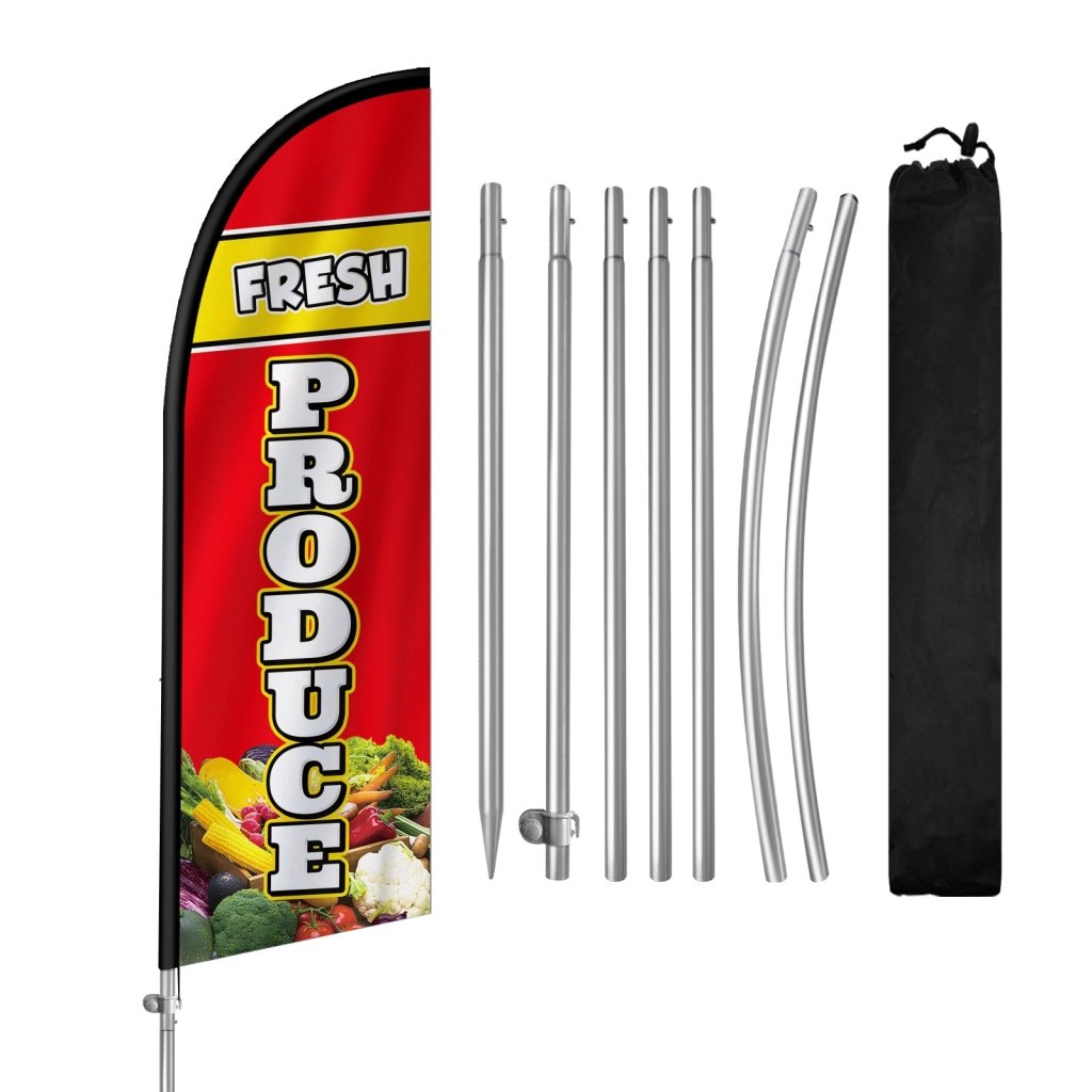 8FT Fresh Produce Sign Feather Flag with Stainless Steel Pole Kit(2m flag set)