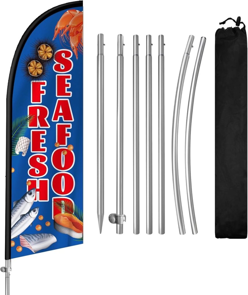 8FT Fresh Seafood 01 Feather Flag with Stainless Steel Pole Kit/Ground Stake(2m flag set）