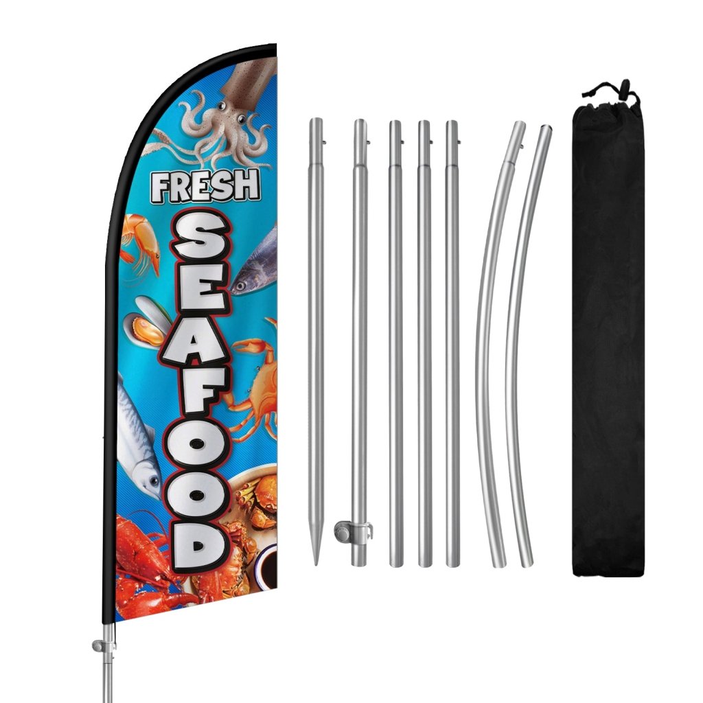 8FT Fresh Seafood 02 Feather Flag with Stainless Steel Pole Kit/Ground Stake(2m flag set）