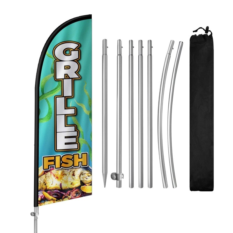 8FT Grille Fish Banner Feather Flag with Pole Kit/Ground Stake(2m flag set)