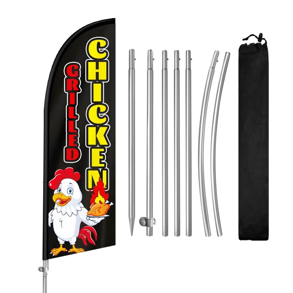 8FT Grilled Chicken Black Feather Flag with Stainless Steel Pole Kit(2m flag set)