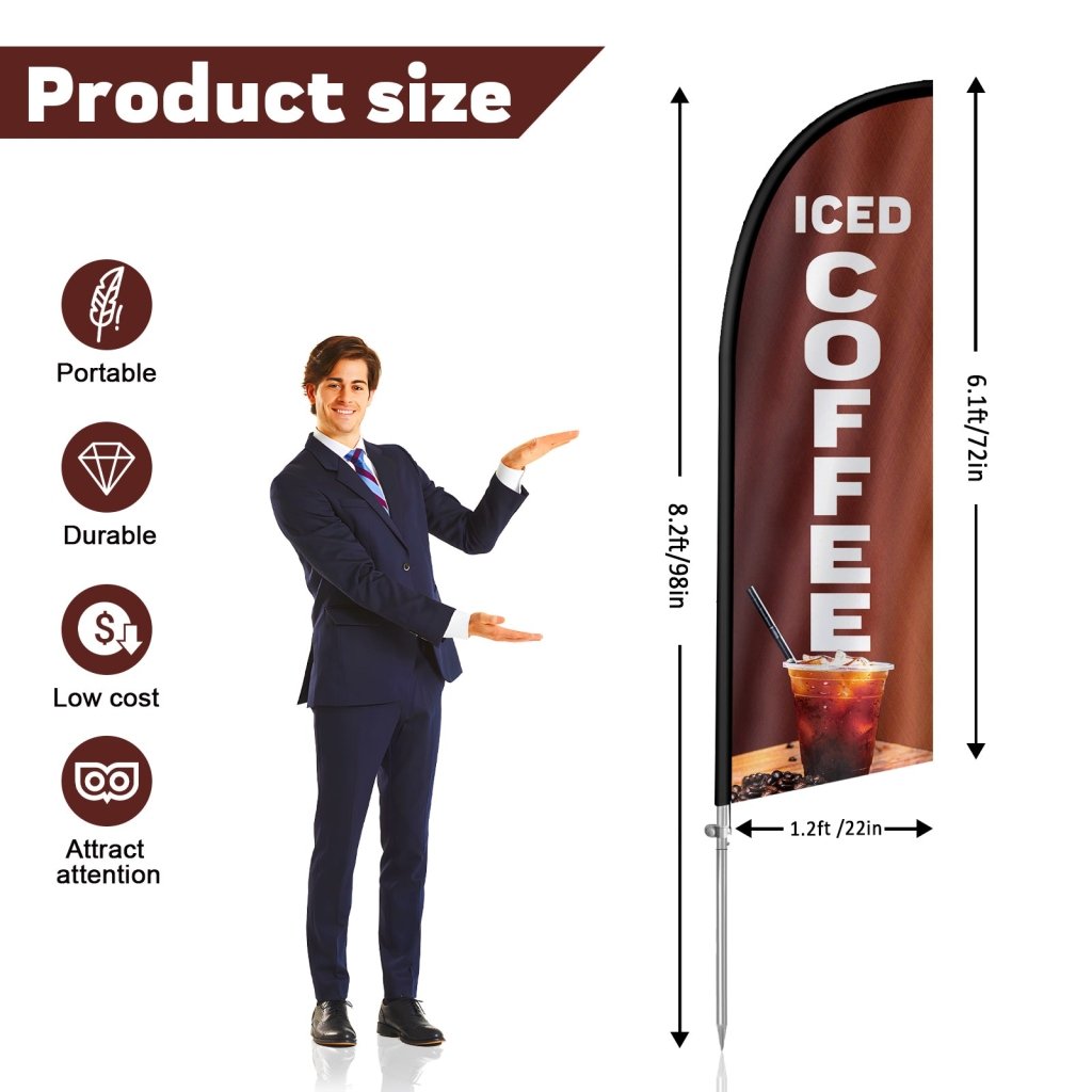 8FT Ice Coffee Feather Flag with Stainless Steel Pole Kit(2m flag set)