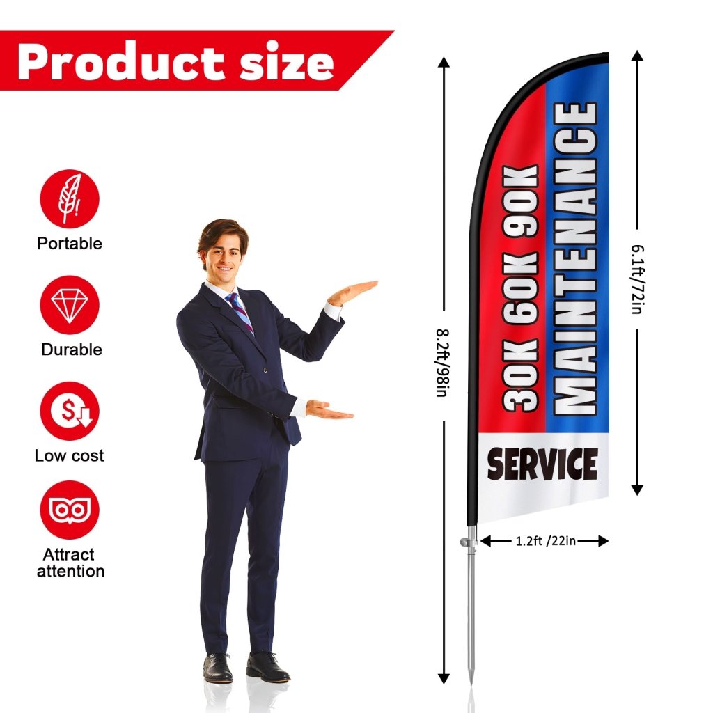 8FT Maintenance Service Red&Blue Feather Flag with Stainless Steel Pole Kit(2m flag set)