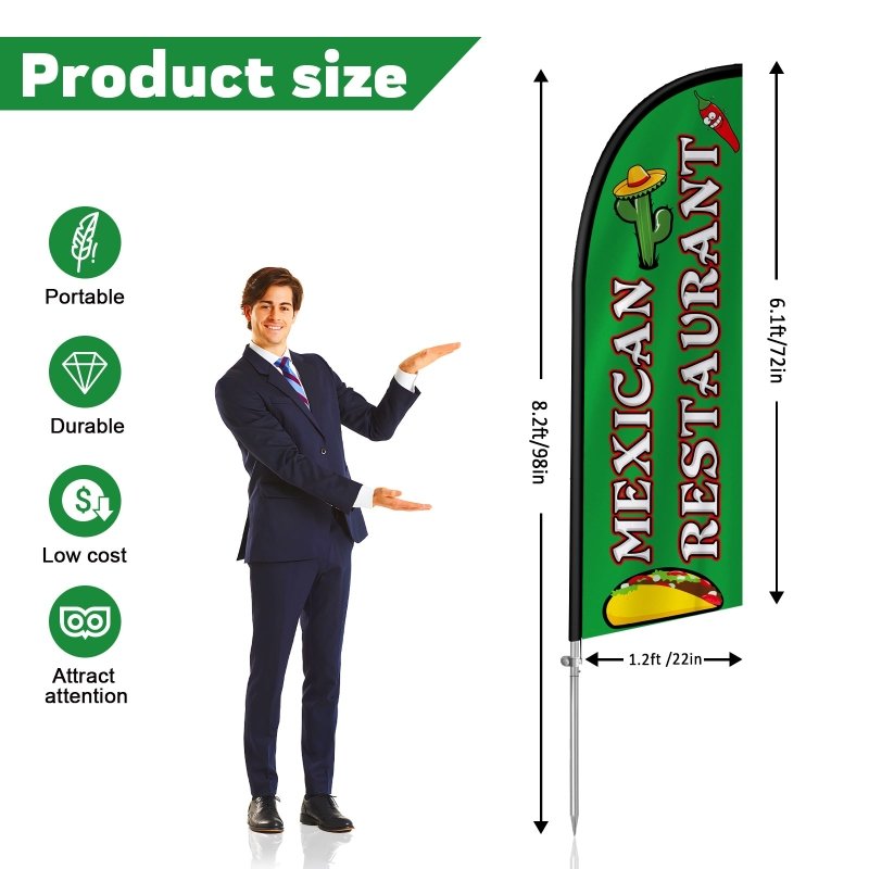 8FT Mexican Restaurant Banner Feather Flag with Stainless Steel Pole Kit(2m flag set)