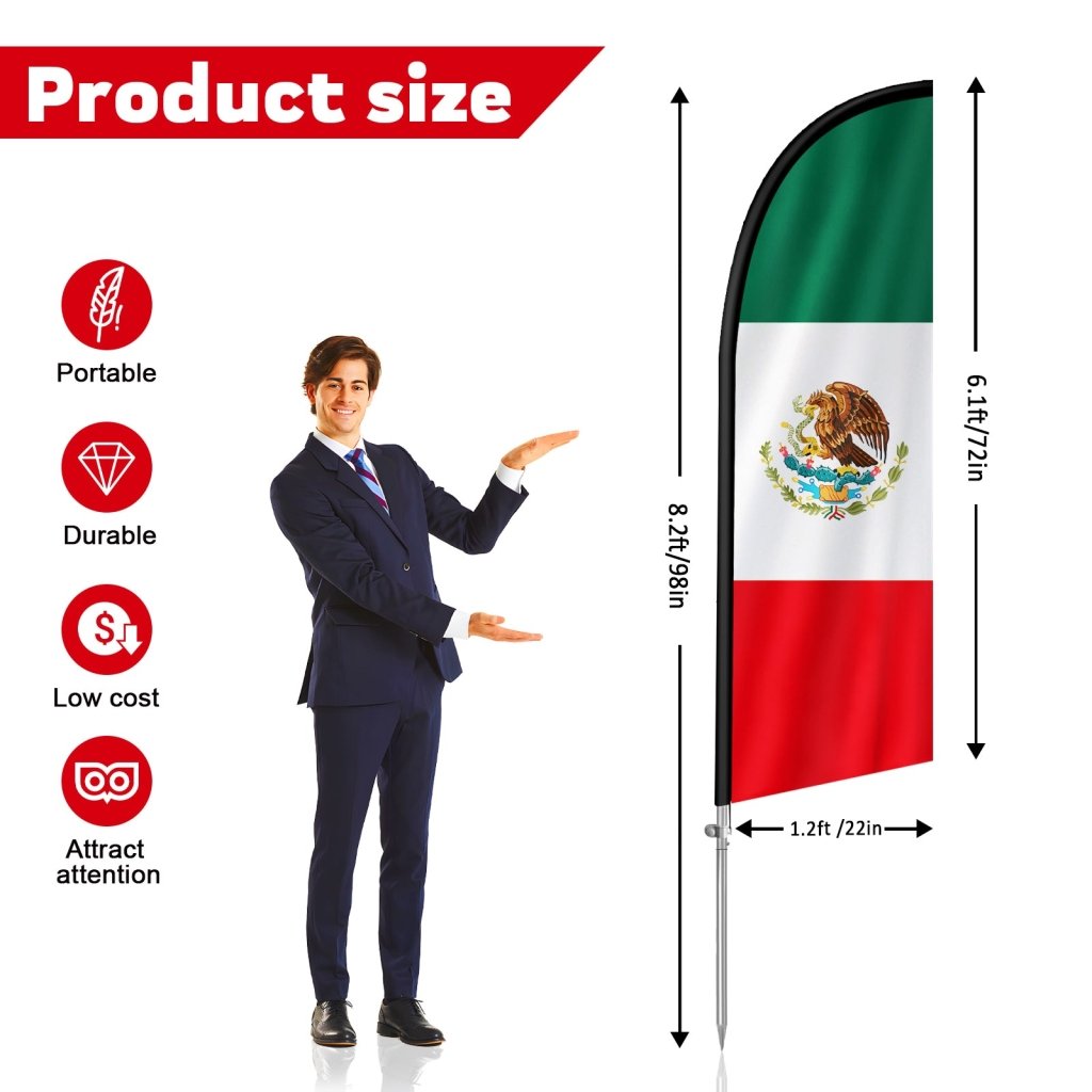 8FT Mexico Flag Feather Flag with Stainless Steel Pole Kit(2m flag set)