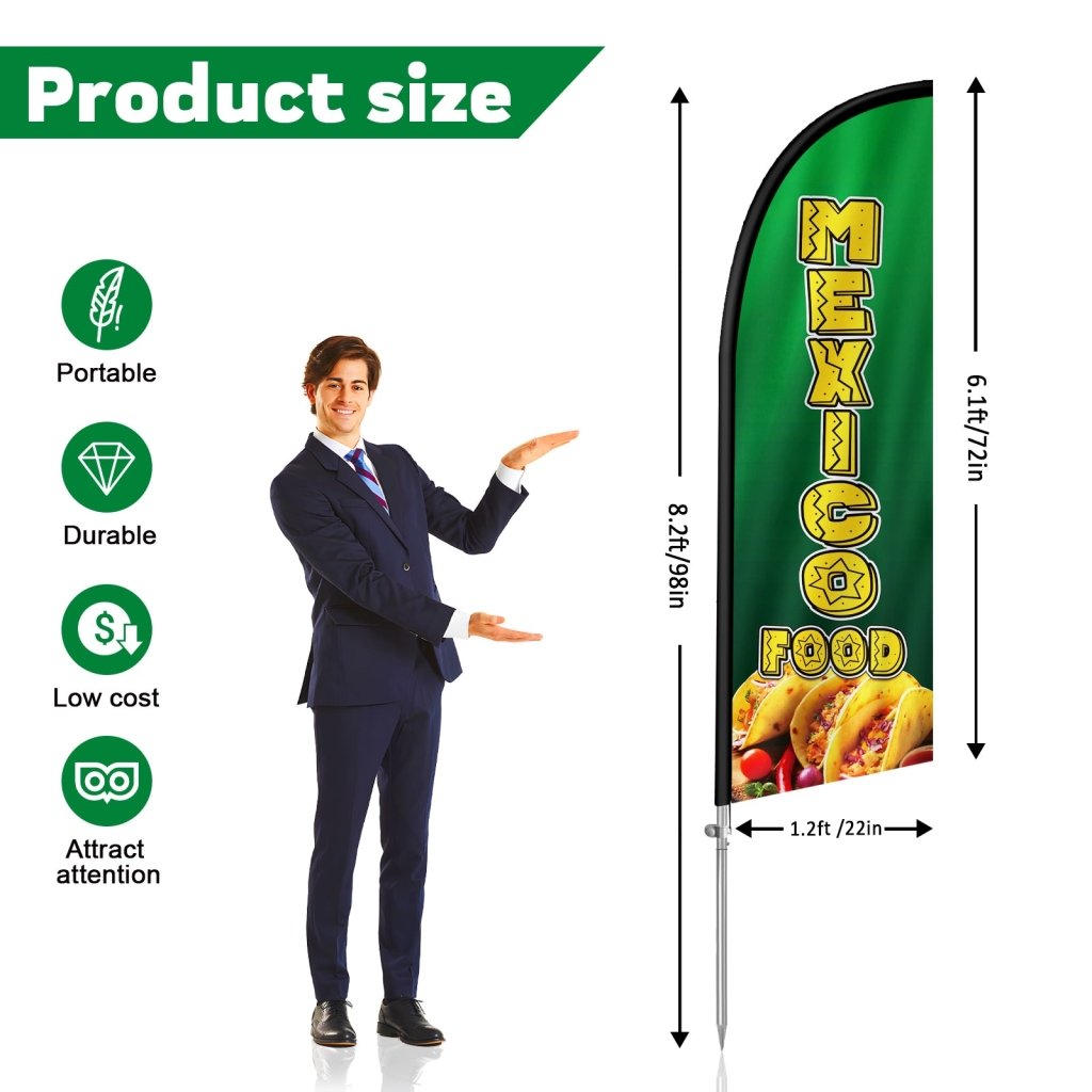 8FT Mexico Food Feather Flag with Stainless Steel Pole Kit(2m flag set)