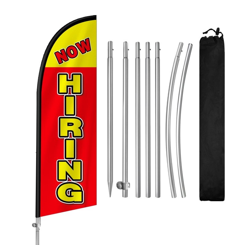 8FT Now Hiring Red Banner Feather Flag with Stainless Steel Pole Kit（2m flag set）