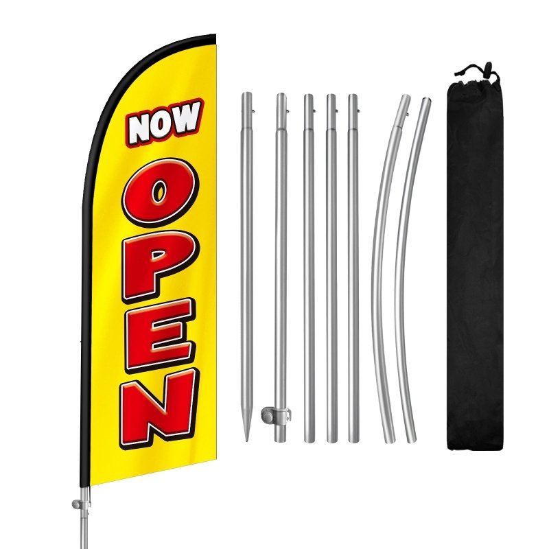 8FT Now Open Yellow Feather Flag with Stainless Steel Pole Kit(2m flag set)