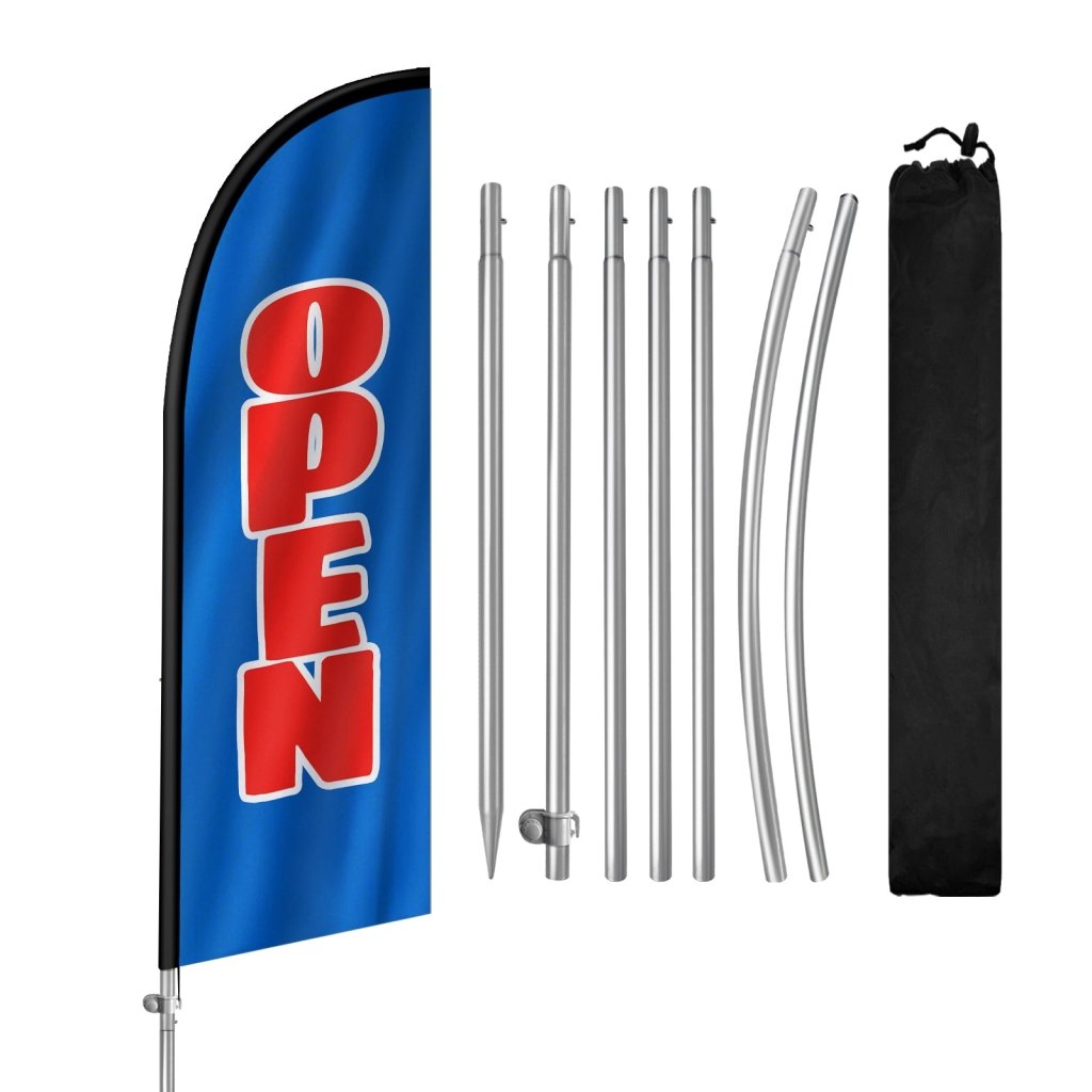 8FT Open Blue & Red Banner Feather Flag with Stainless Steel Pole Kit(2m flag set)