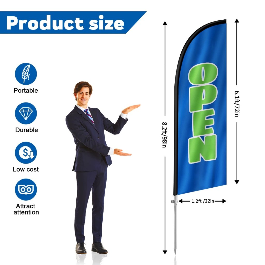 8FT Open Blue&Green Banner Feather Flag with Stainless Steel Pole Kit(2m flag set)