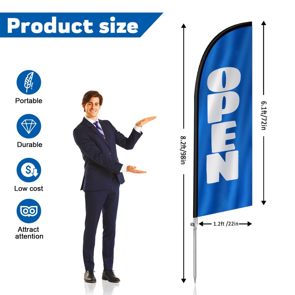 8FT Open blue&white Banner Feather Flag with Stainless Steel Pole Kit(2m flag set)