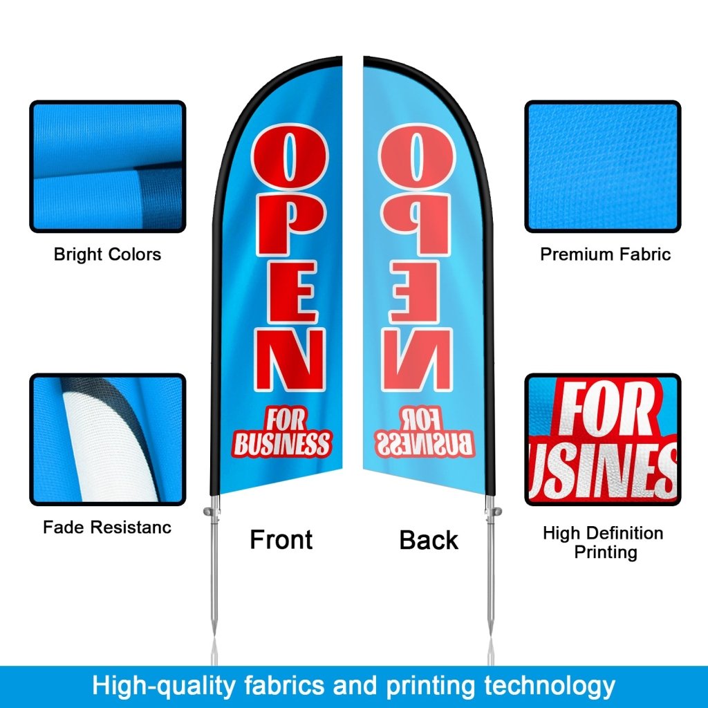 8FT Open For Business Blue&Red Feather Flag with Stainless Steel Pole Kit(2m flag set)