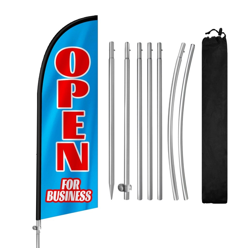 8FT Open For Business Blue&Red Feather Flag with Stainless Steel Pole Kit(2m flag set)