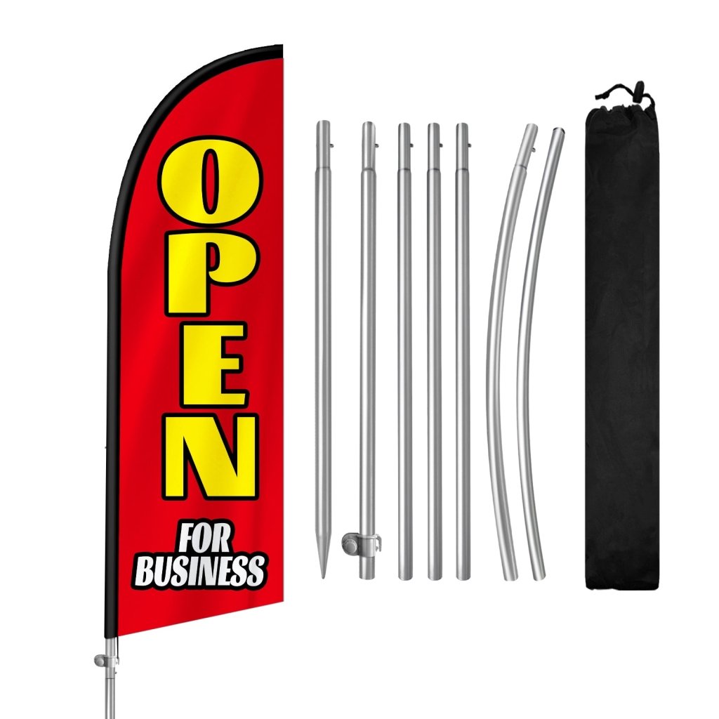 8FT Open For Business Rde&Yellow Feather Flag with Stainless Steel Pole Kit(2m flag set)