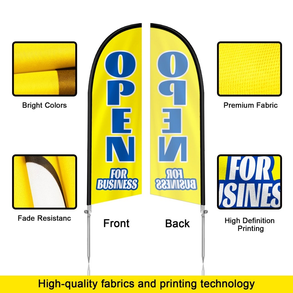 8FT Open For Business Yellow&Blue Feather Flag with Stainless Steel Pole Kit(2m flag set)