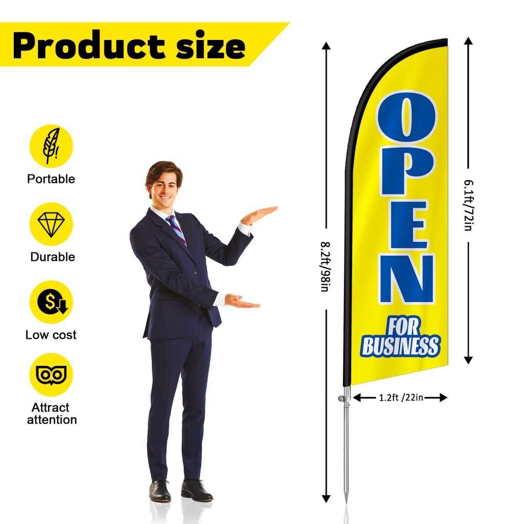 8FT Open For Business Yellow&Blue Feather Flag with Stainless Steel Pole Kit(2m flag set)