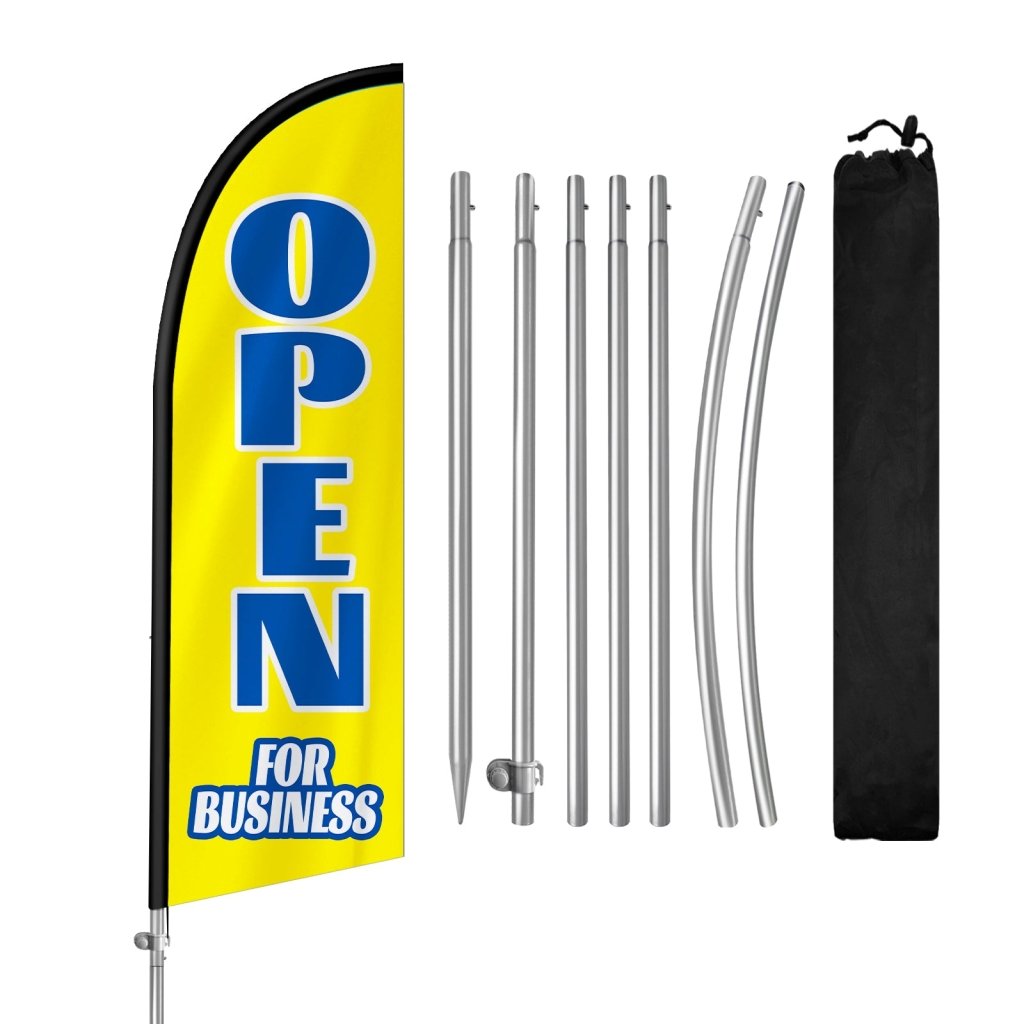 8FT Open For Business Yellow&Blue Feather Flag with Stainless Steel Pole Kit(2m flag set)