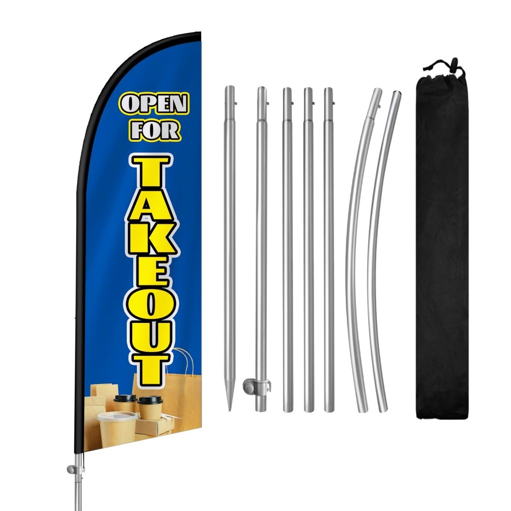 8FT Open For Takeout Blue Feather Flag with Stainless Steel Pole Kit(2m flag set)